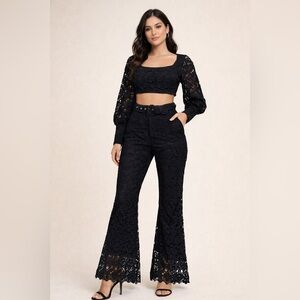Beulah Crochet/ Lace Cropped Long Sleeve Top & Flare Lace Pants Small Reg. $199